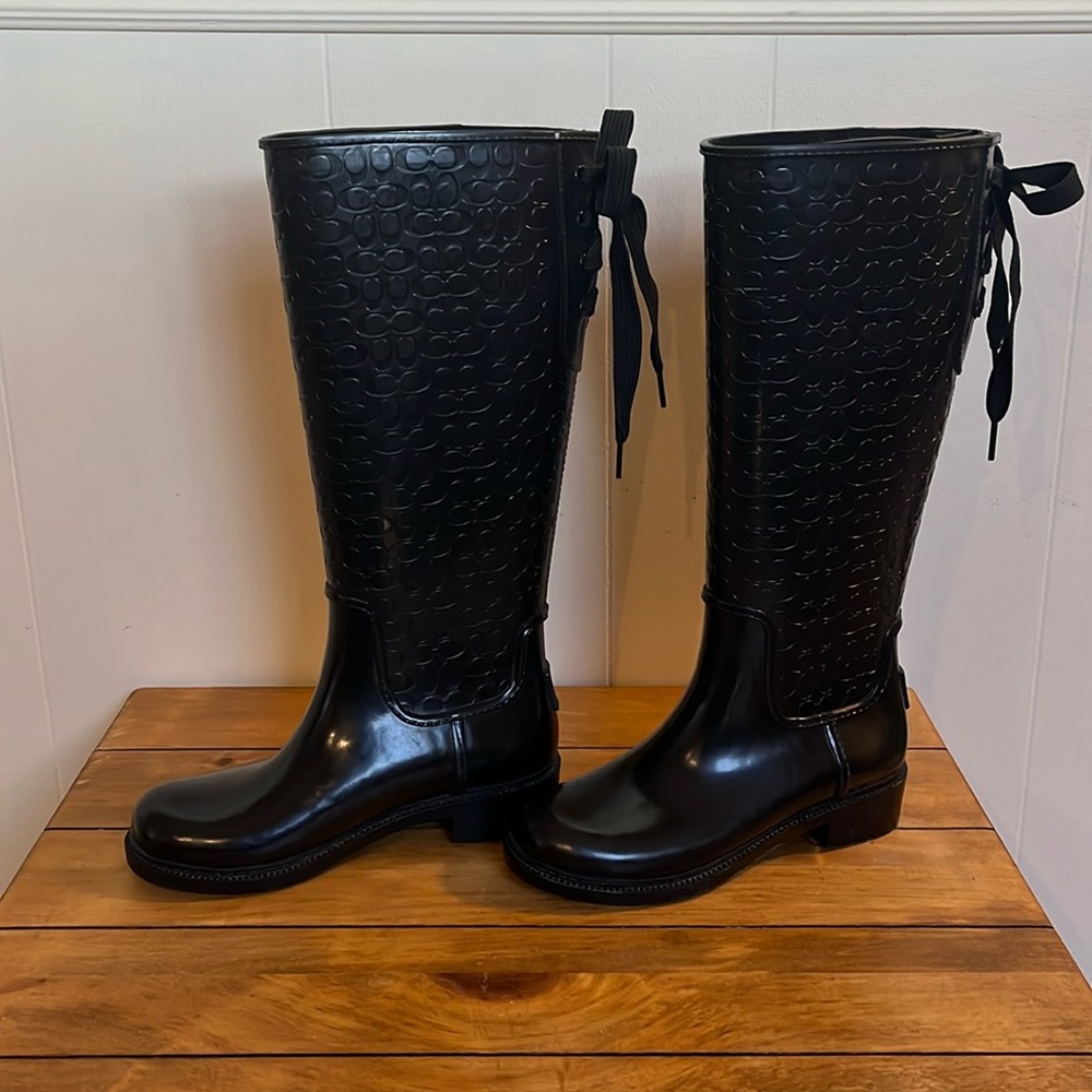 Coach Jacquard C Laced Up Back Bow Heeled Black Tall Rainboots Women's Size 6